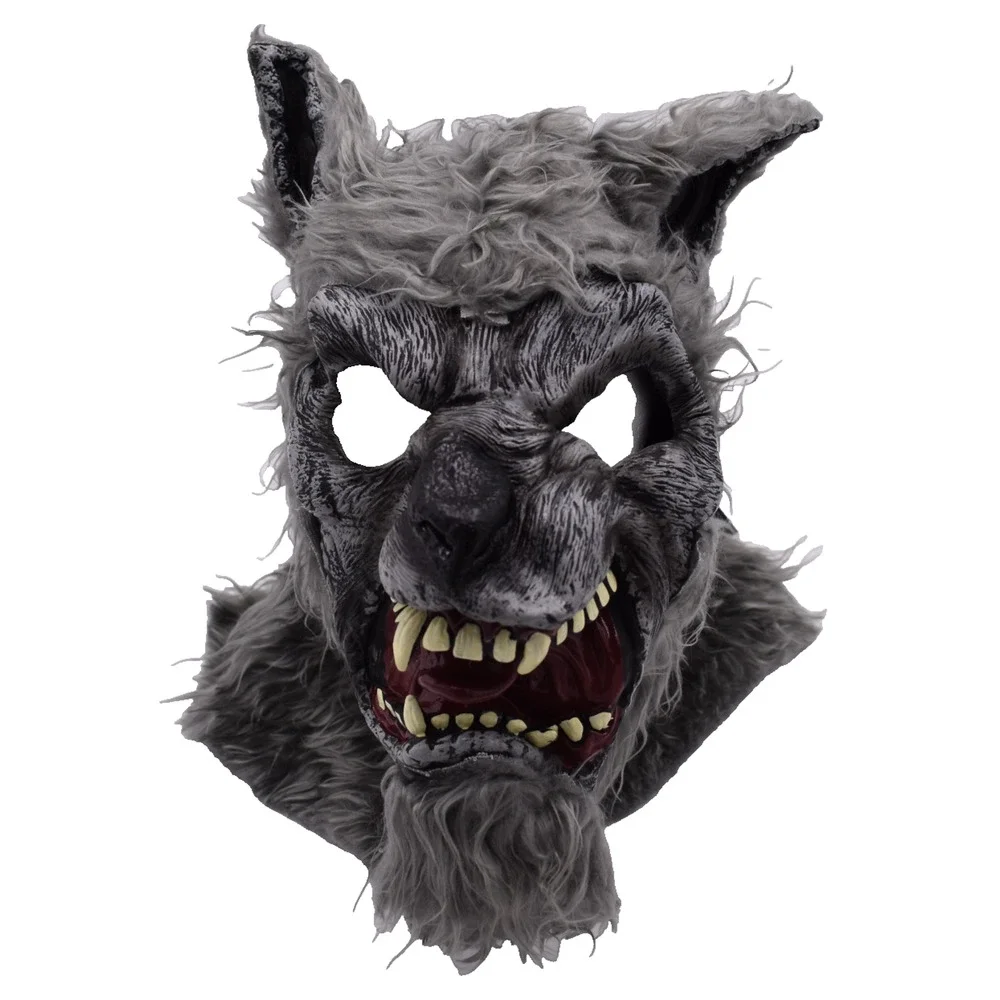 WEREWOLF Gray Wolf Dog Snarling Open Mouth Adult Mask Faux Fur Halloween Horror